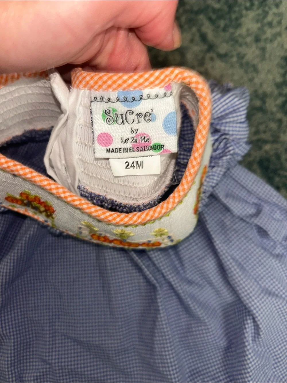 Blue Gingham Pumpkin Smocked Kids Dress with Peach Trim